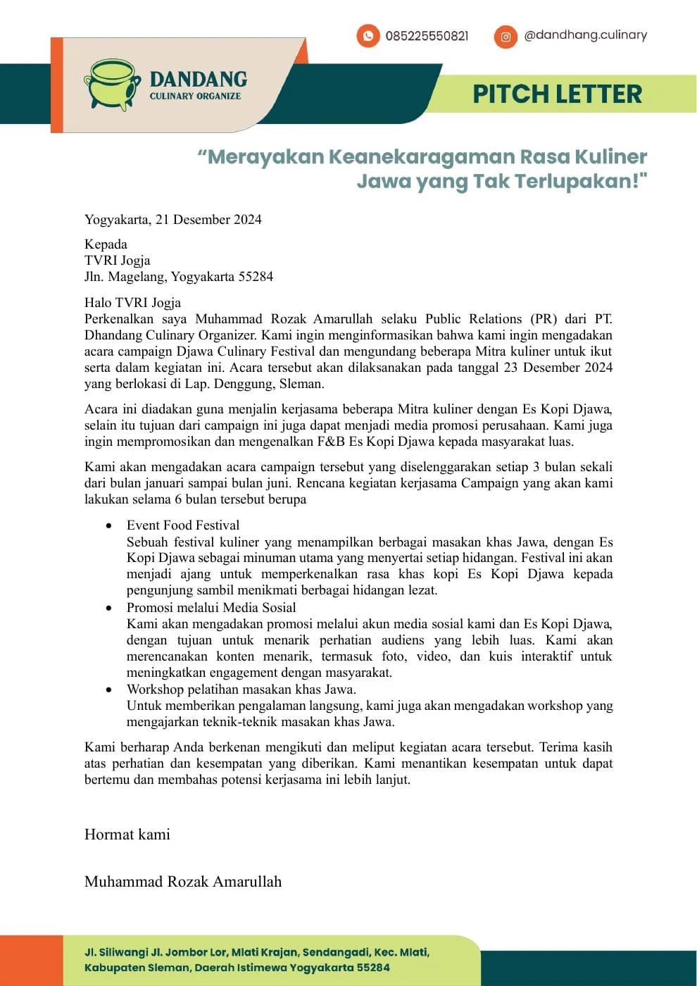 Halaman pertama Pitch Letter Djawa Kopi